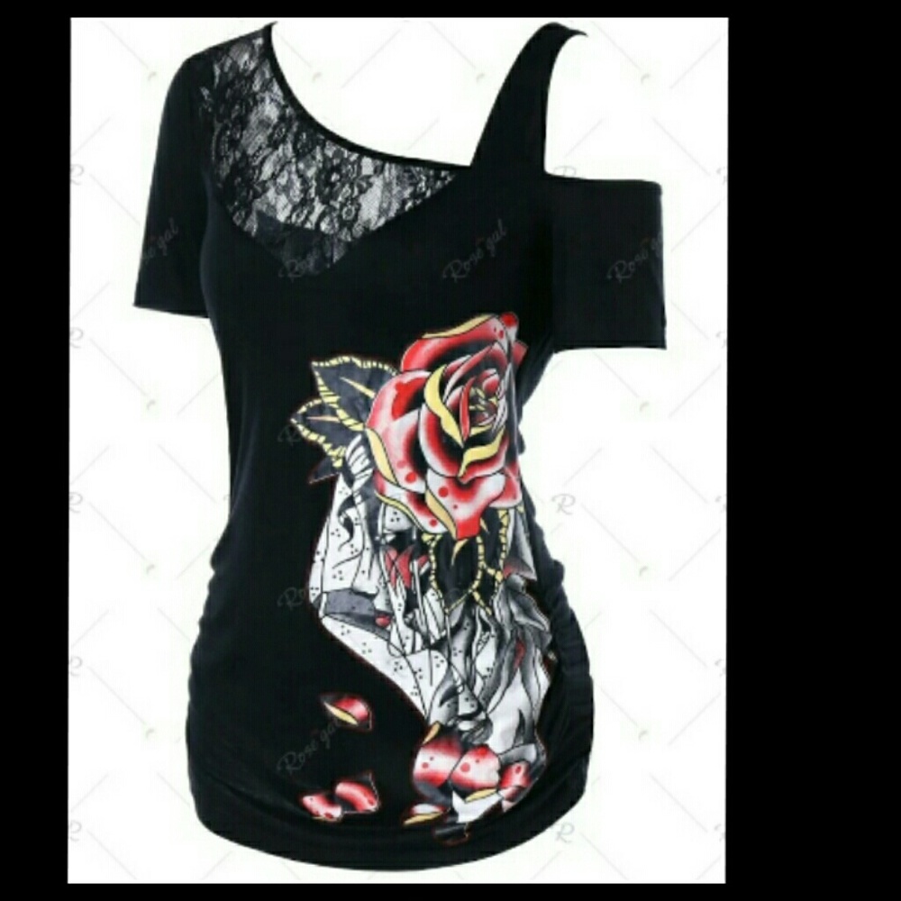 New Women red flower T-shirt size L